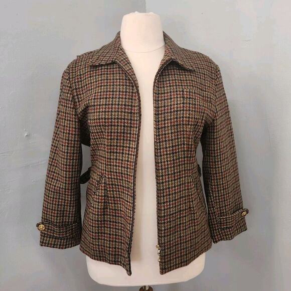 Vintage Character Suburban Wear Houndstooth Wool Lined Tailored Blazer Jacket 12 - Picture 1 of 16